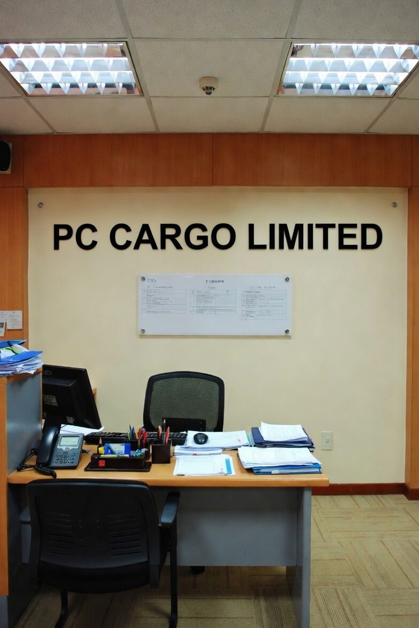 PC CARGO LIMITED office reception area with company signage on wall and professional front desk